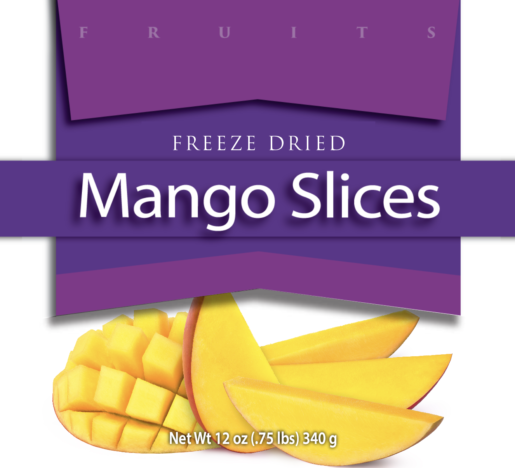 Package of freeze-dried mango slices with a purple label.