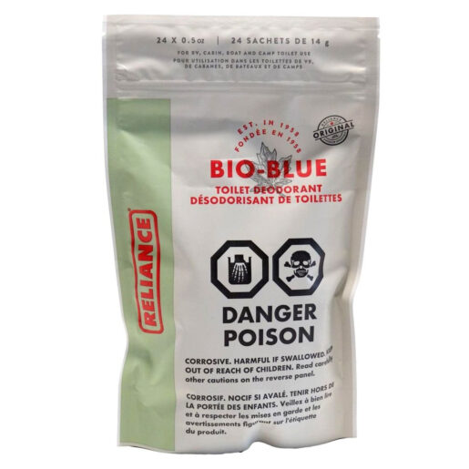 Packaged pesticide labeled 'Bio-Blue' with poison warnings.